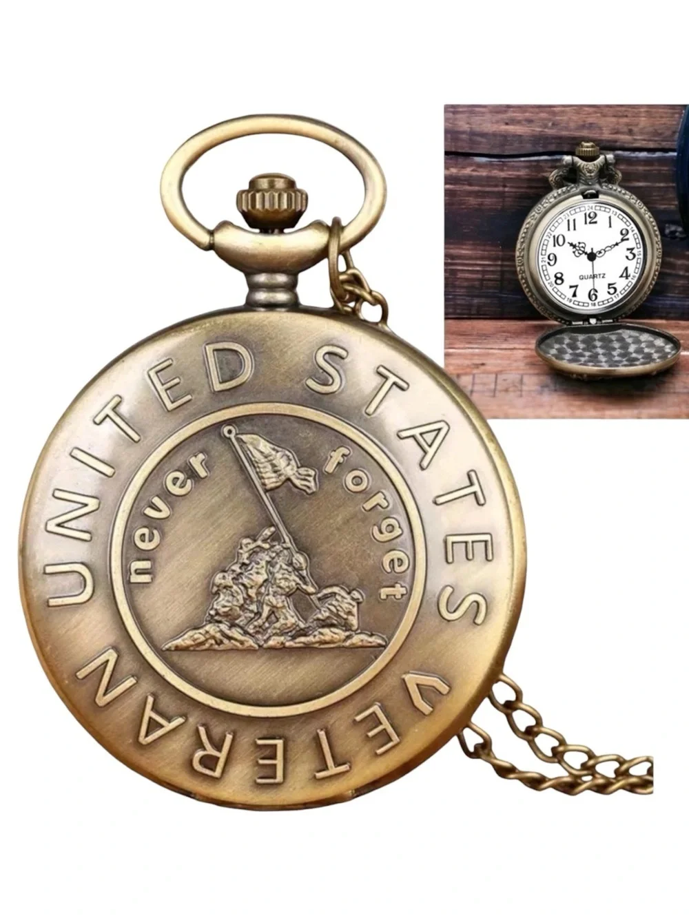 Pocket Watch with Chain Veteran Patriotic Flip Open USA Bronze Unisex Gift